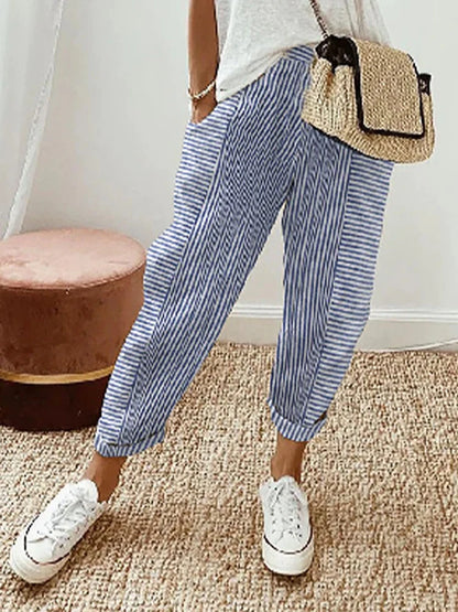 Women's Summer Striped High-Waist Capri Trousers – Casual Comfort Fit