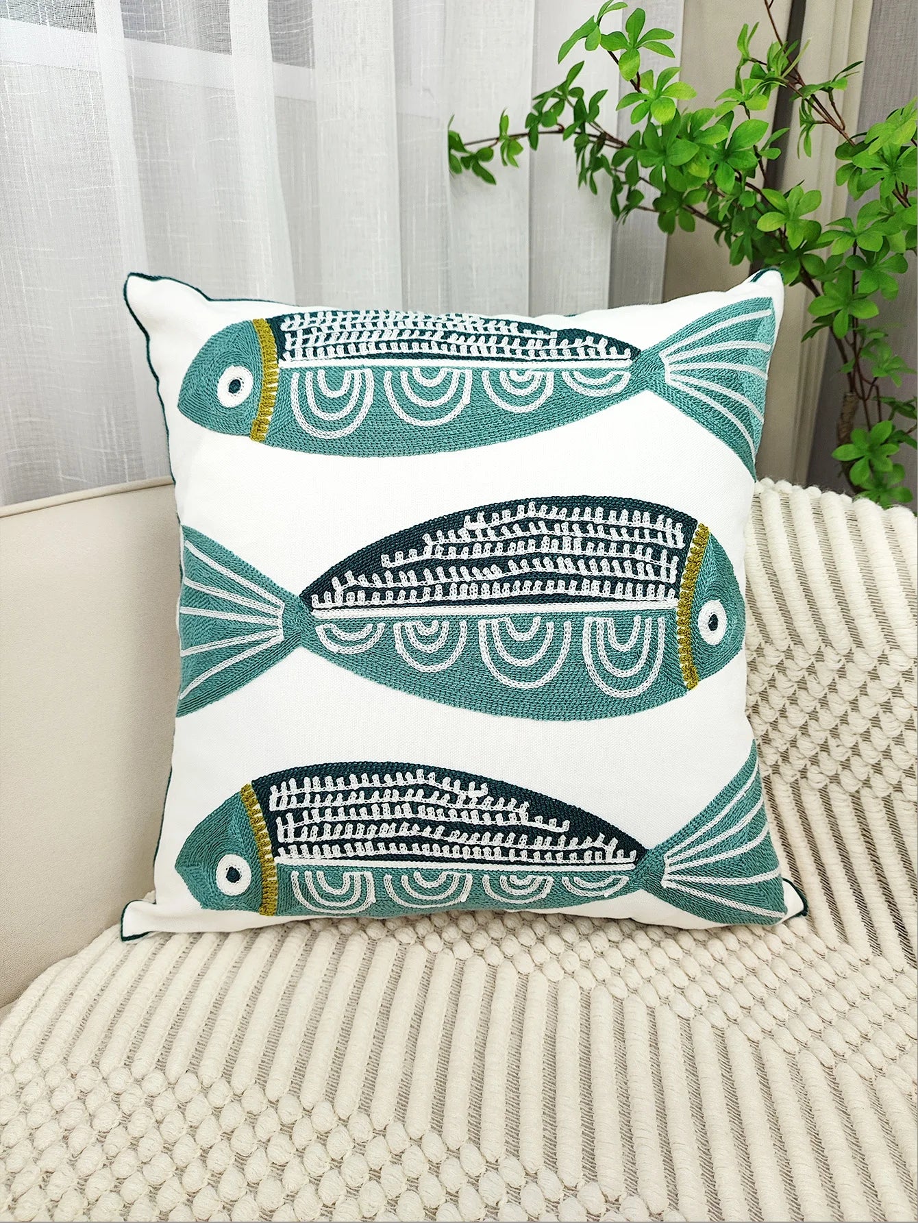 Ocean Thread: Blue Fish Embroidered Cushion Cover