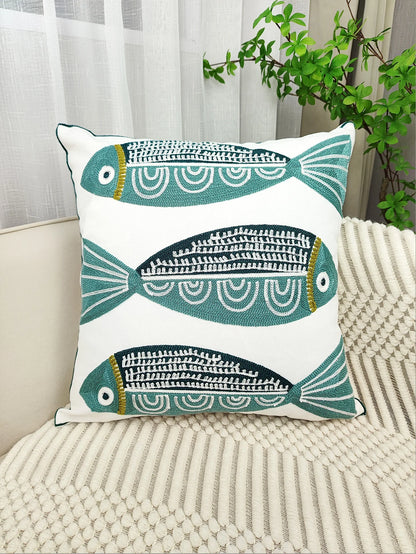 Ocean Thread: Blue Fish Embroidered Cushion Cover