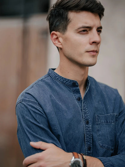 Men's Oversized Washed Indigo Cotton Shirt – Casual Cool With a Vintage Edge