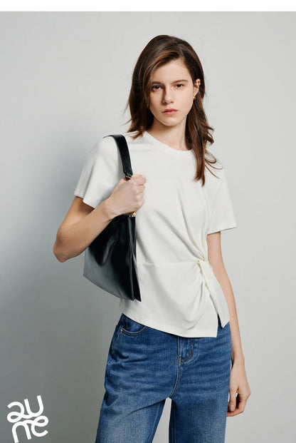 TOYOUTH Women Crop Tops 2024 Spring New Pleated Tie Irregular Solid Color Short Sleeve Women's Basic Tops