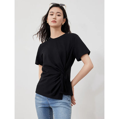 TOYOUTH Women Crop Tops 2024 Spring New Pleated Tie Irregular Solid Color Short Sleeve Women's Basic Tops
