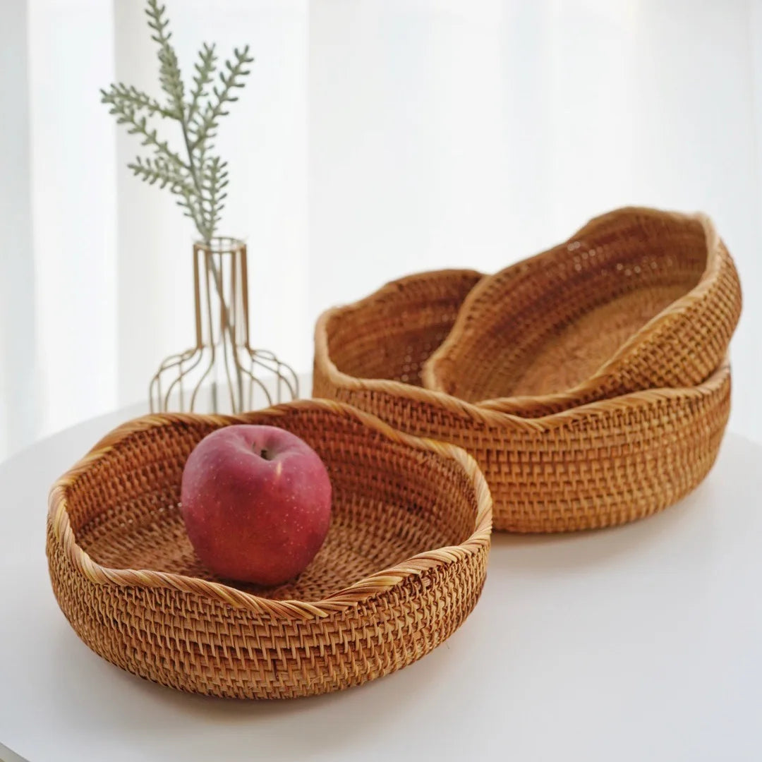 Round Handwoven Rattan Basket – Wicker Fruit, Bread & Storage Organizer