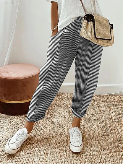 Women's Summer Striped High-Waist Capri Trousers – Casual Comfort Fit