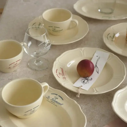 Vintage Cream Ceramic Coffee Cup & Plate Set