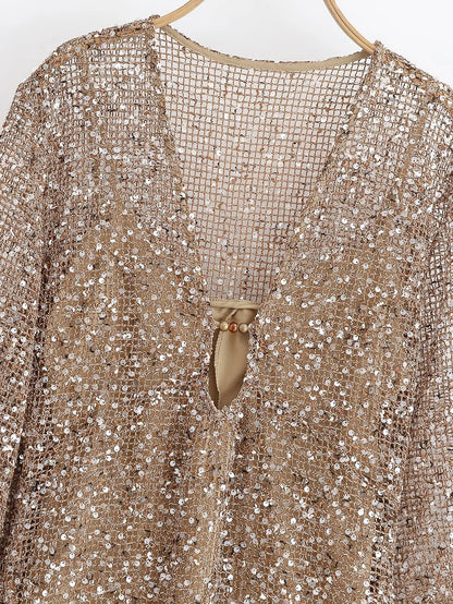 Women's Sequin-Embellished V-Neck Midi Dress – Lightweight Elegance for Summer