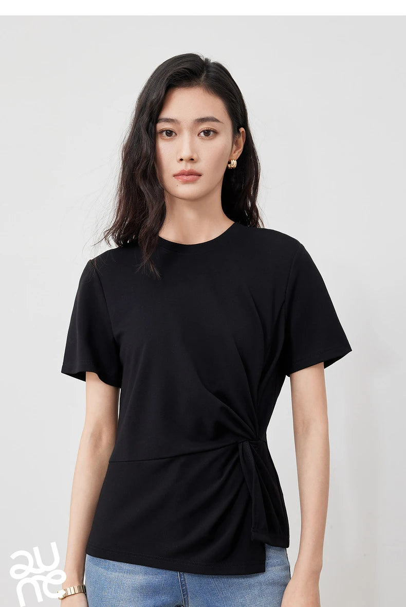 TOYOUTH Women Crop Tops 2024 Spring New Pleated Tie Irregular Solid Color Short Sleeve Women's Basic Tops