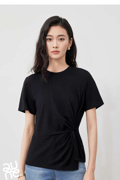 TOYOUTH Women Crop Tops 2024 Spring New Pleated Tie Irregular Solid Color Short Sleeve Women's Basic Tops