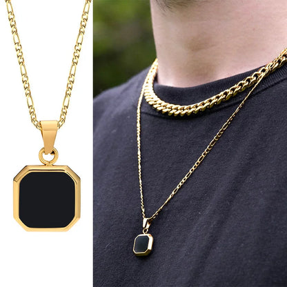 Grid Mark: Geometric Enamel Square Pendant Necklace for Men