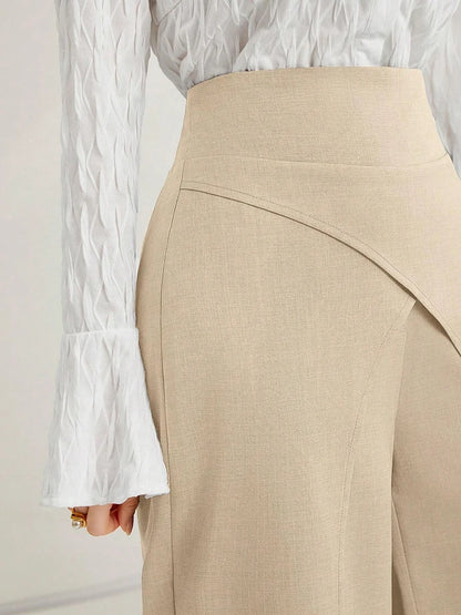 Women's High-Waisted Wide-Leg Trousers – Solid Overlay Front Office & Casual Ankle Pants