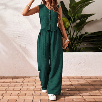Women's Sleeveless V-Neck Daily Set – Casual Straight-Cut Co-ord for Spring/Summer