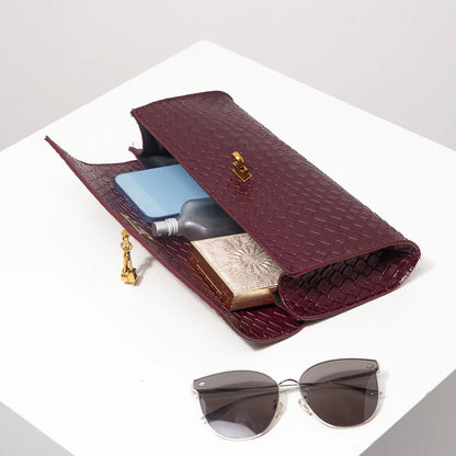 Vintage Faux Leather Woven Baguette Bag, Flap Women Clutch,Elegant Evening Bag,Burgundy Purse,Lady Dress Party,Wedding Item(Random Pattern)