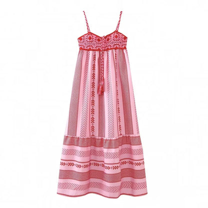 Women's Striped Hollow Detail Maxi Dress – Elegant A-Line Partywear