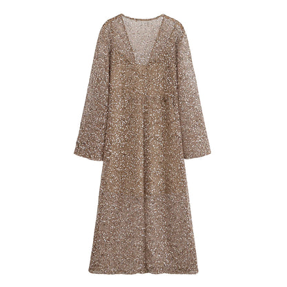Women's Sequin-Embellished V-Neck Midi Dress – Lightweight Elegance for Summer