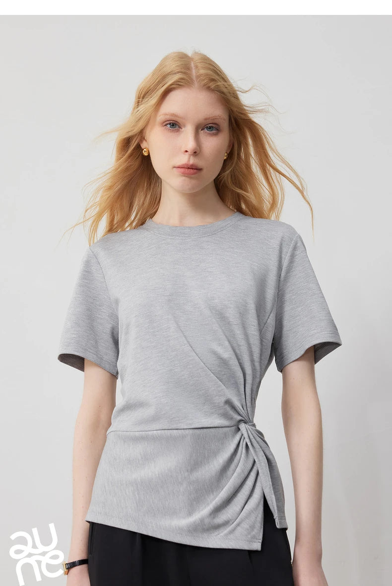 TOYOUTH Women Crop Tops 2024 Spring New Pleated Tie Irregular Solid Color Short Sleeve Women's Basic Tops