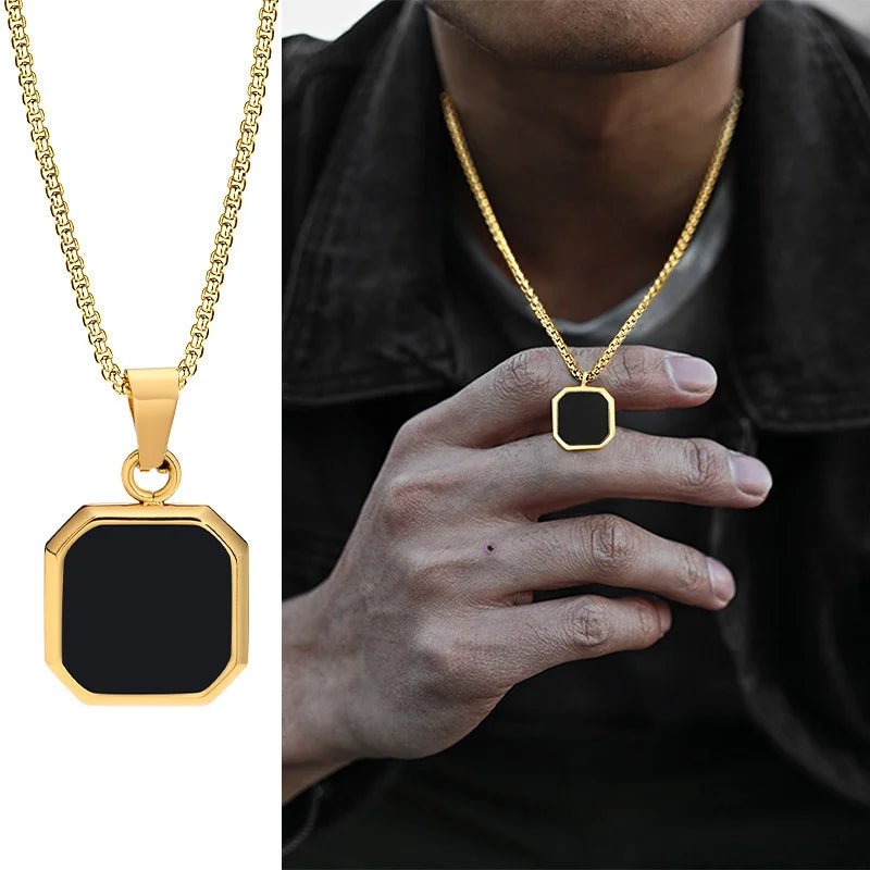 Grid Mark: Geometric Enamel Square Pendant Necklace for Men