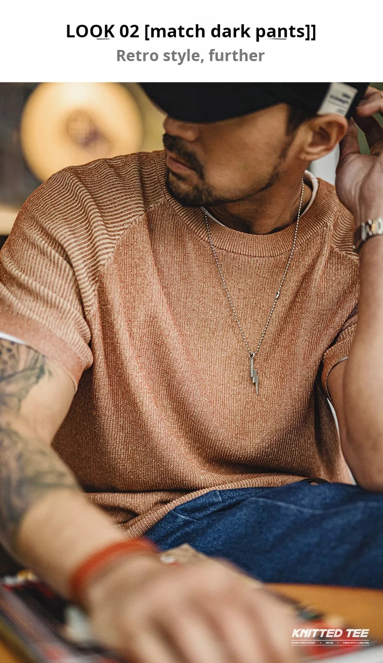 Maden New Vintage Orange Knitted Short Sleeve T-Shirt Men's Summer Loose Fit Ribbed Crew Neck Tee Breathable Casual Street Tops