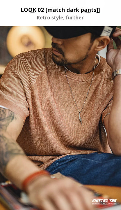 Maden New Vintage Orange Knitted Short Sleeve T-Shirt Men's Summer Loose Fit Ribbed Crew Neck Tee Breathable Casual Street Tops