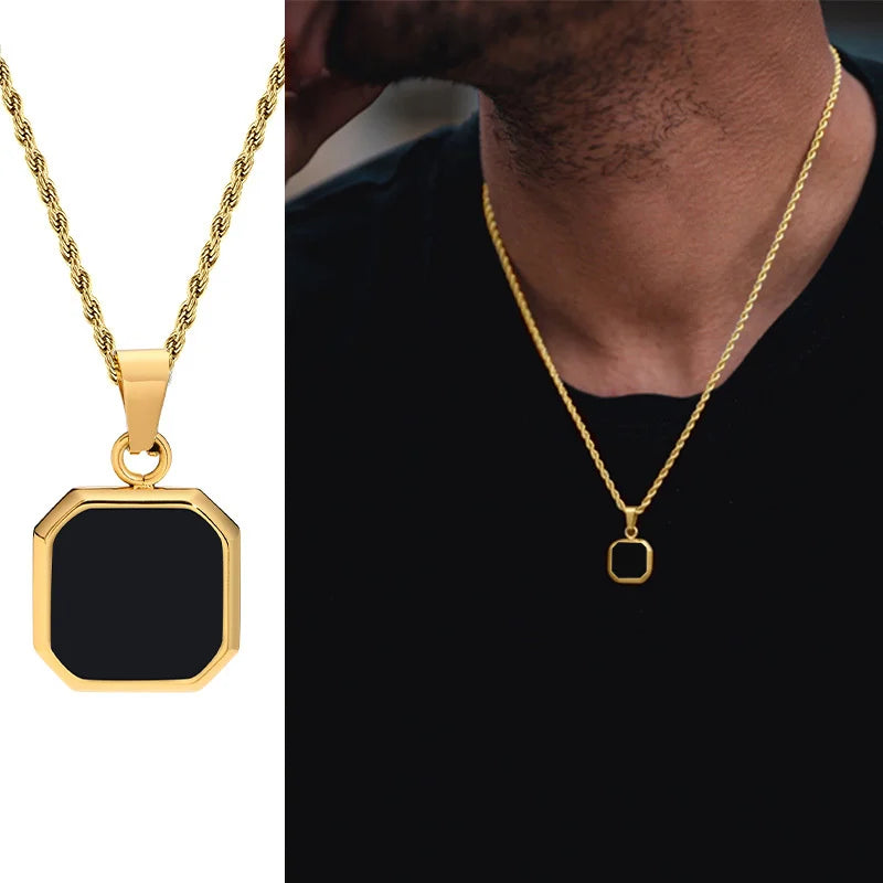 Grid Mark: Geometric Enamel Square Pendant Necklace for Men