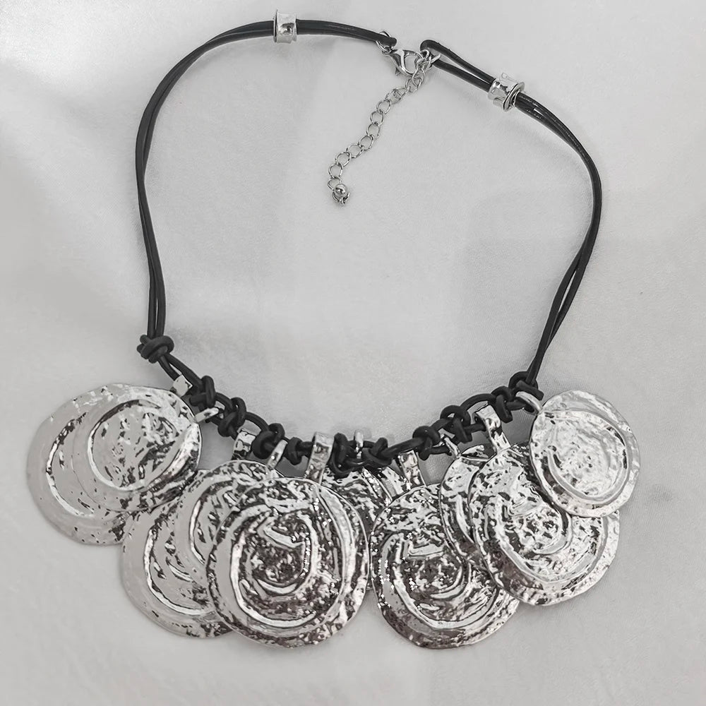 Vintage Double Leather Cord Medallion Necklace – Engraved Round Metal Pendant