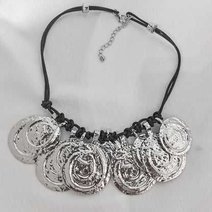 Vintage Double Leather Cord Medallion Necklace – Engraved Round Metal Pendant