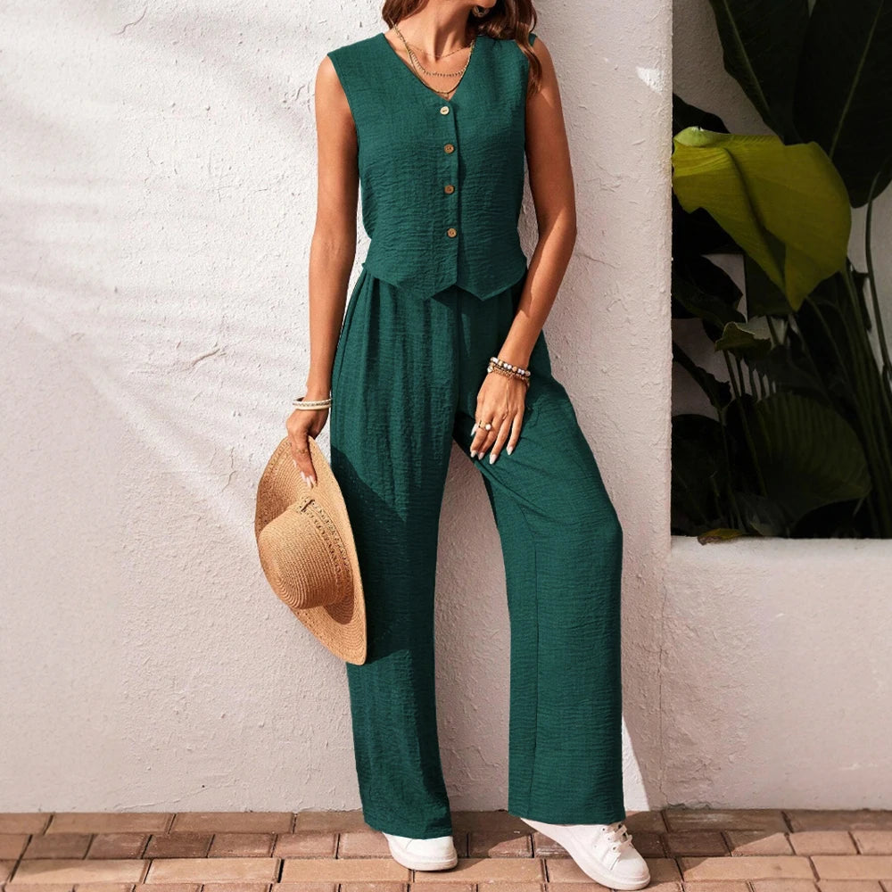 Women's Sleeveless V-Neck Daily Set – Casual Straight-Cut Co-ord for Spring/Summer