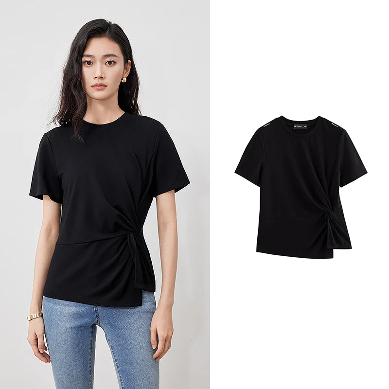 TOYOUTH Women Crop Tops 2024 Spring New Pleated Tie Irregular Solid Color Short Sleeve Women's Basic Tops