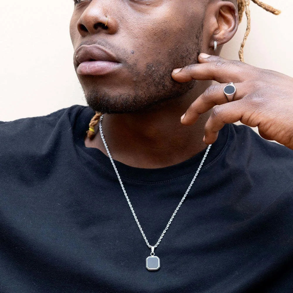 Grid Mark: Geometric Enamel Square Pendant Necklace for Men