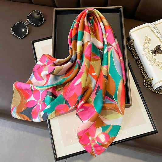 Silken Loop: Printed Satin Square Scarf for Women