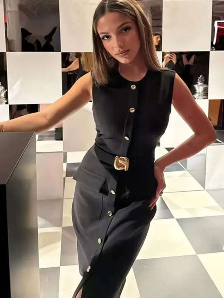 Women's Belted Black Sleeveless Dress – Office Chic Meets Summer Ease