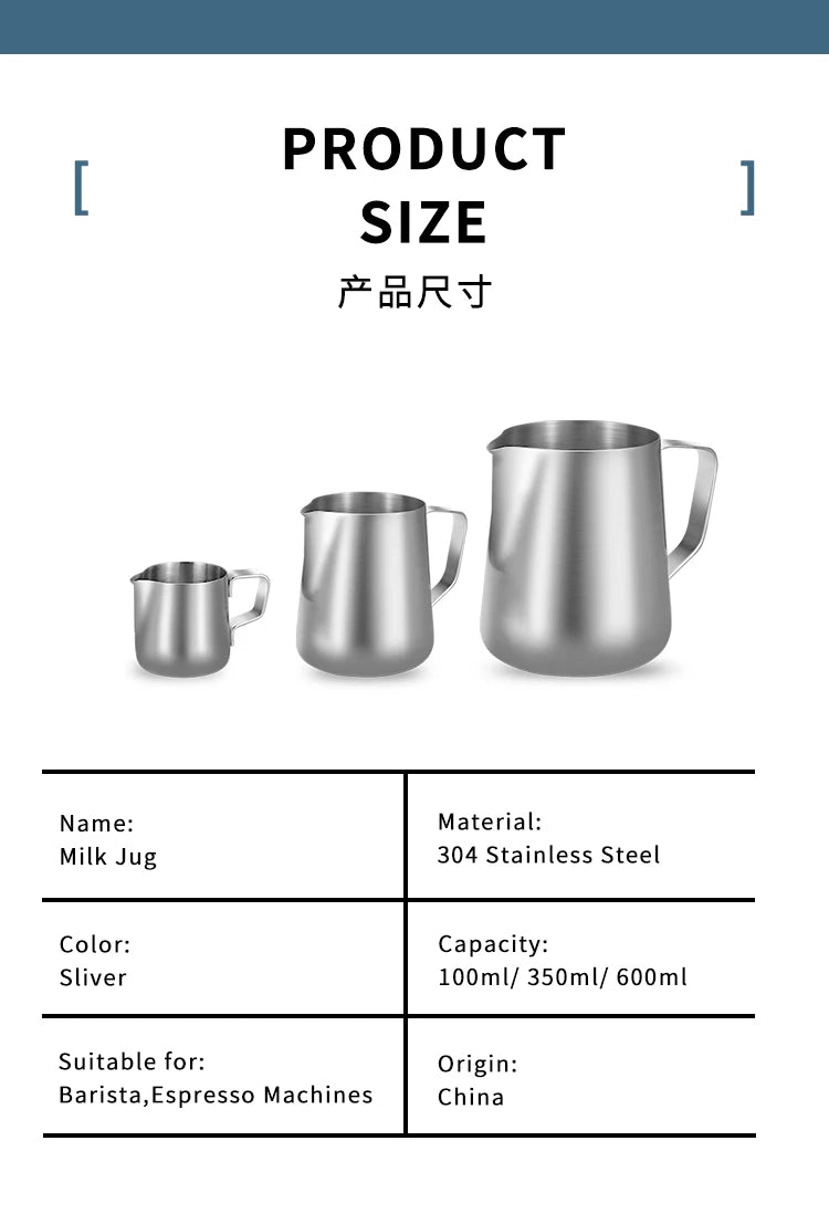 Milk Frother Jug Stainless Steel Container 100ML 350ML 600ML Frothing Pitcher Coffee Cups Latte Barista Espresso Maker Accessory