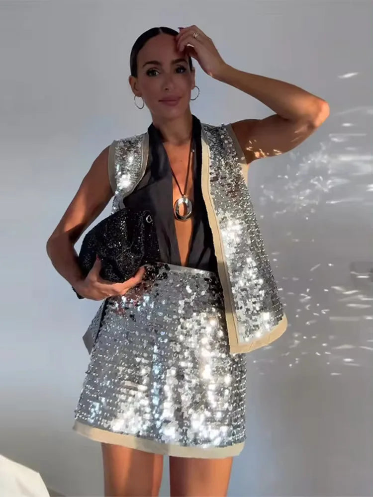 Women's Glitter Sequin Open Vest – Tailored Sparkle for Autumn Nights