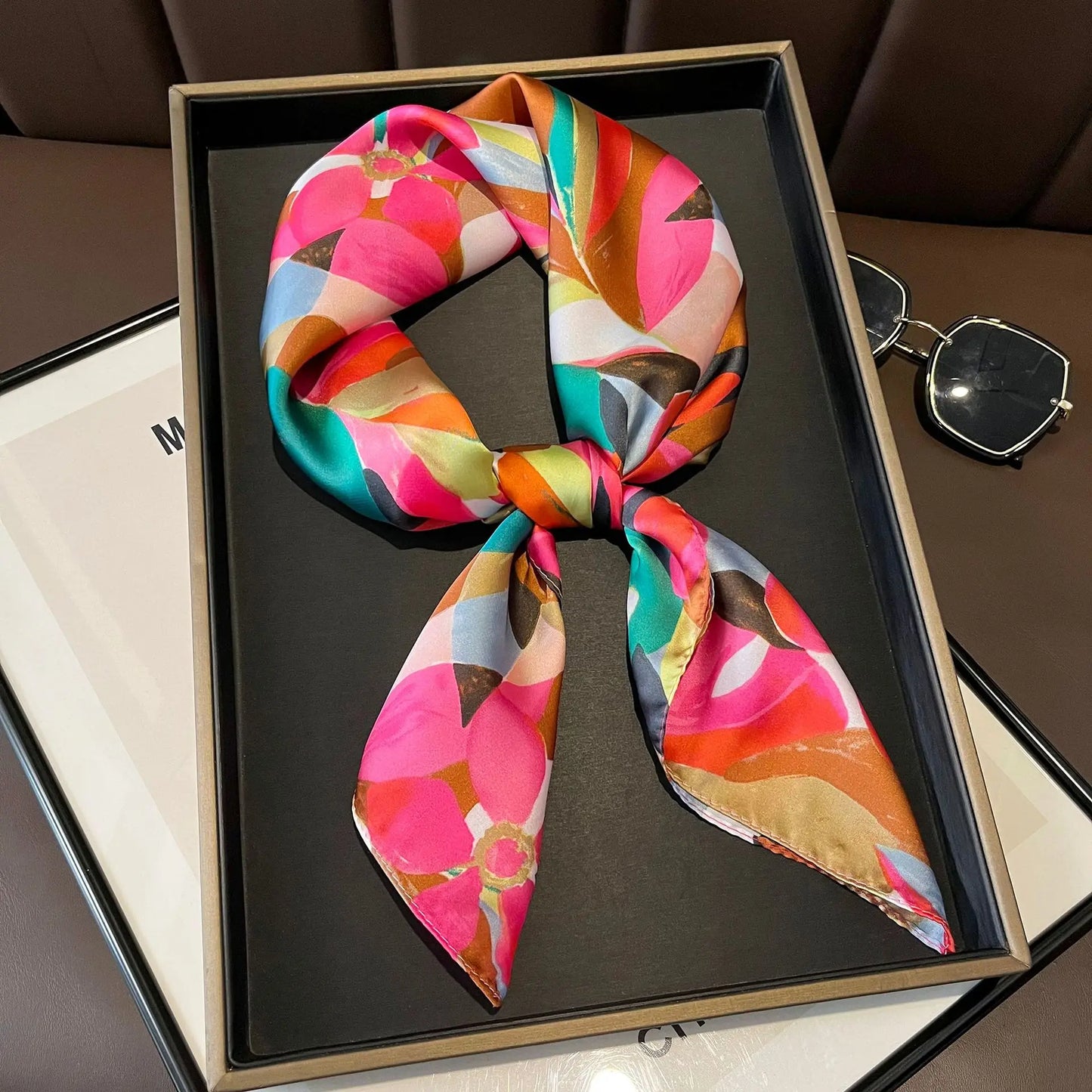 Silken Loop: Printed Satin Square Scarf for Women