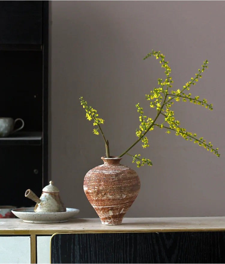 Jarrón de cerámica rugosa retro con diseño floral estilo wabi-sabi de Jingdezhen, con flores japonesas decorativas, adornos B&amp;B, macetas