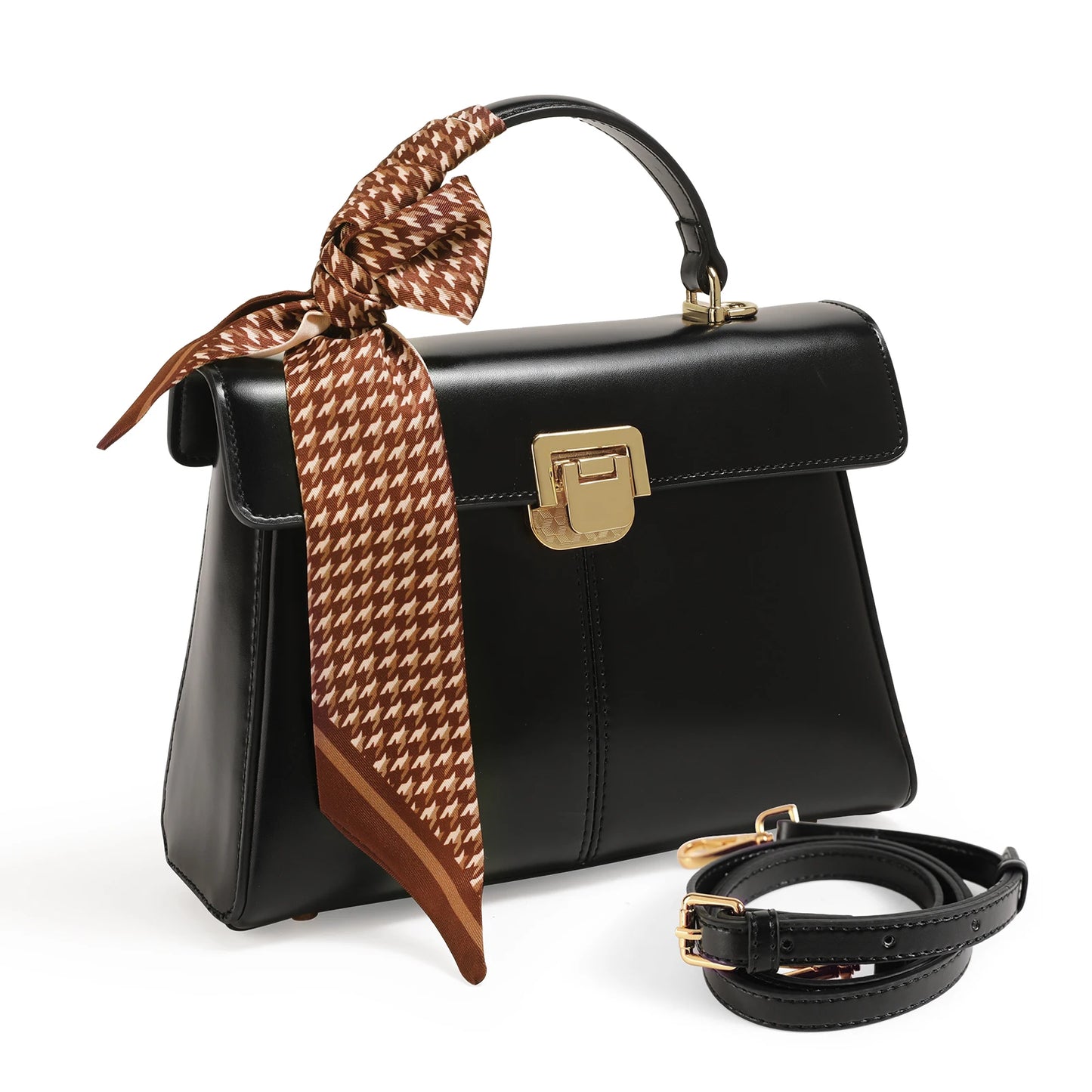 Velvet Frame: Luxury Genuine Leather Crossbody Bag with Scarf Accent
