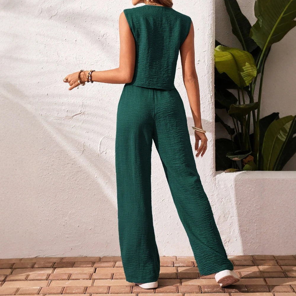 Women's Sleeveless V-Neck Daily Set – Casual Straight-Cut Co-ord for Spring/Summer