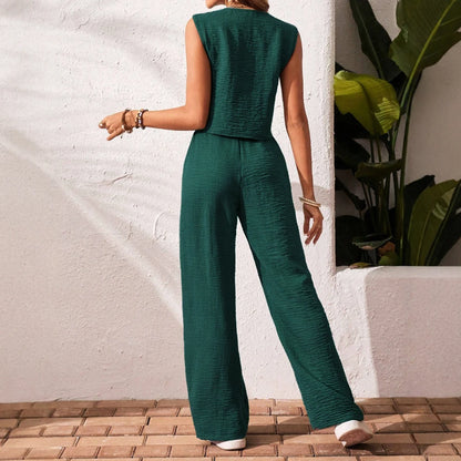 Women's Sleeveless V-Neck Daily Set – Casual Straight-Cut Co-ord for Spring/Summer