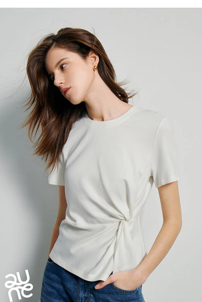 TOYOUTH Women Crop Tops 2024 Spring New Pleated Tie Irregular Solid Color Short Sleeve Women's Basic Tops