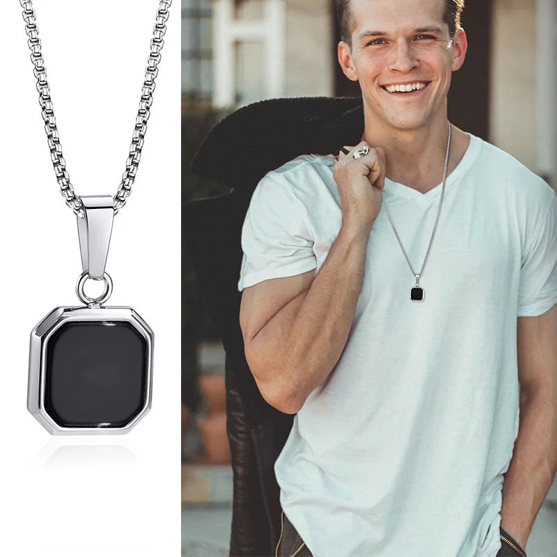 Grid Mark: Geometric Enamel Square Pendant Necklace for Men