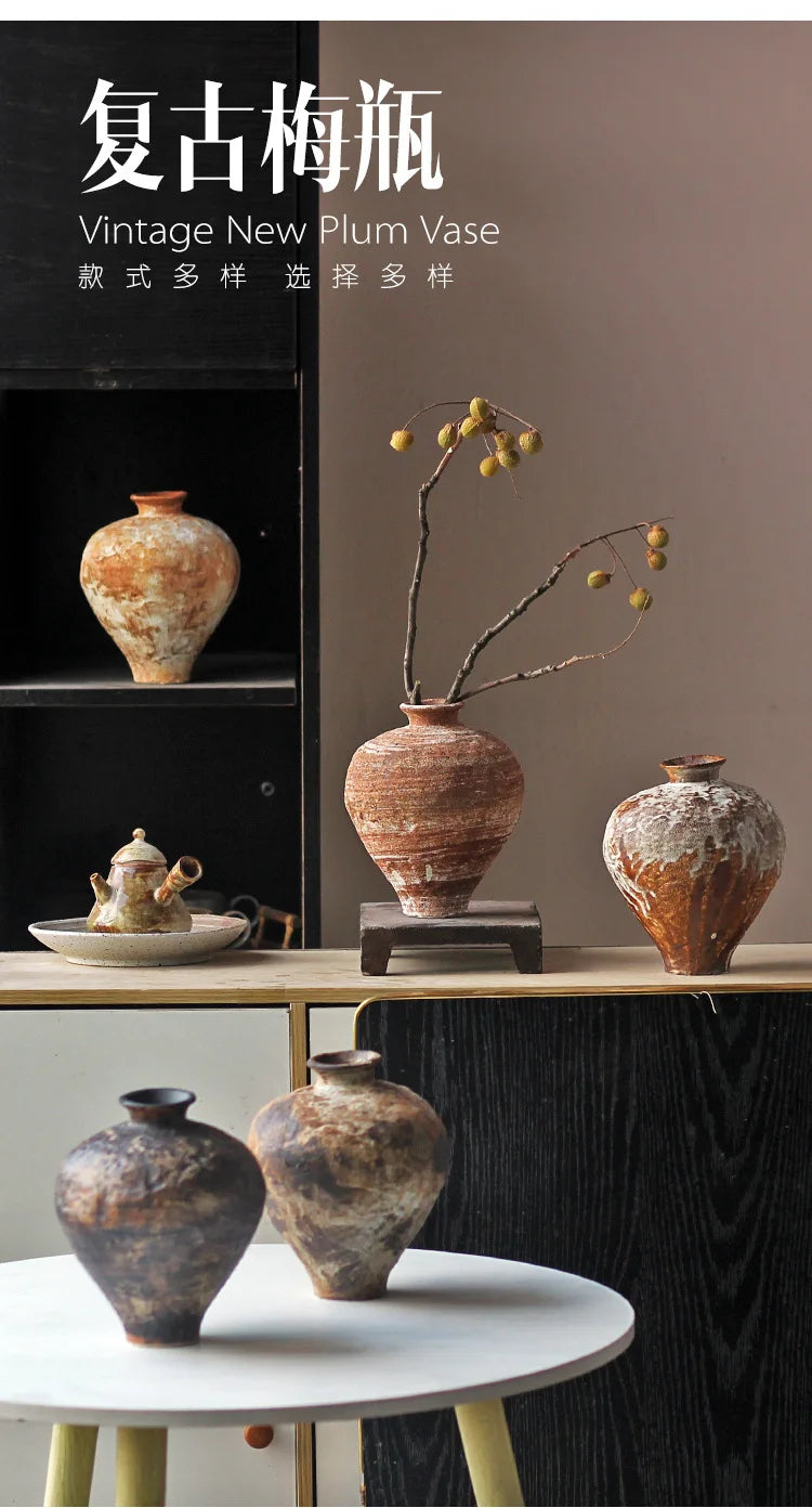 Jarrón de cerámica rugosa retro con diseño floral estilo wabi-sabi de Jingdezhen, con flores japonesas decorativas, adornos B&amp;B, macetas