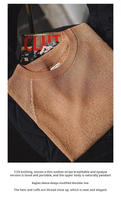 Maden New Vintage Orange Knitted Short Sleeve T-Shirt Men's Summer Loose Fit Ribbed Crew Neck Tee Breathable Casual Street Tops