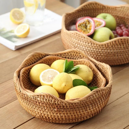 Round Handwoven Rattan Basket – Wicker Fruit, Bread & Storage Organizer