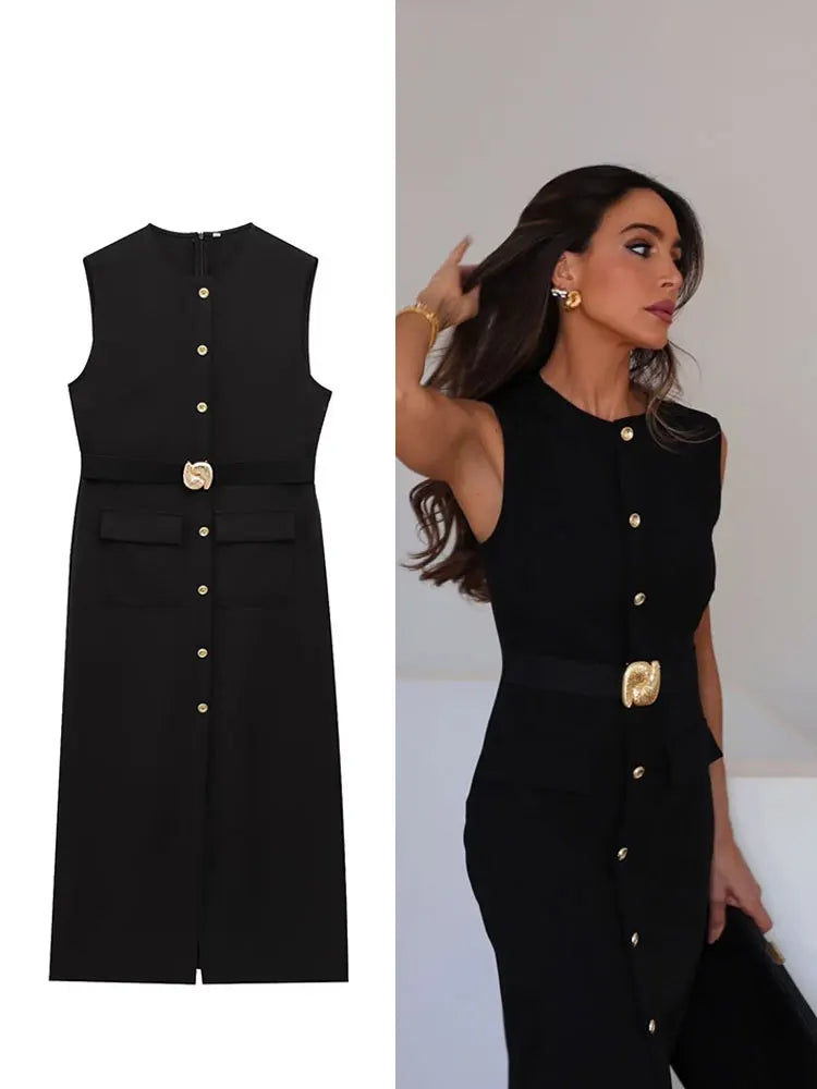 Women's Belted Black Sleeveless Dress – Office Chic Meets Summer Ease