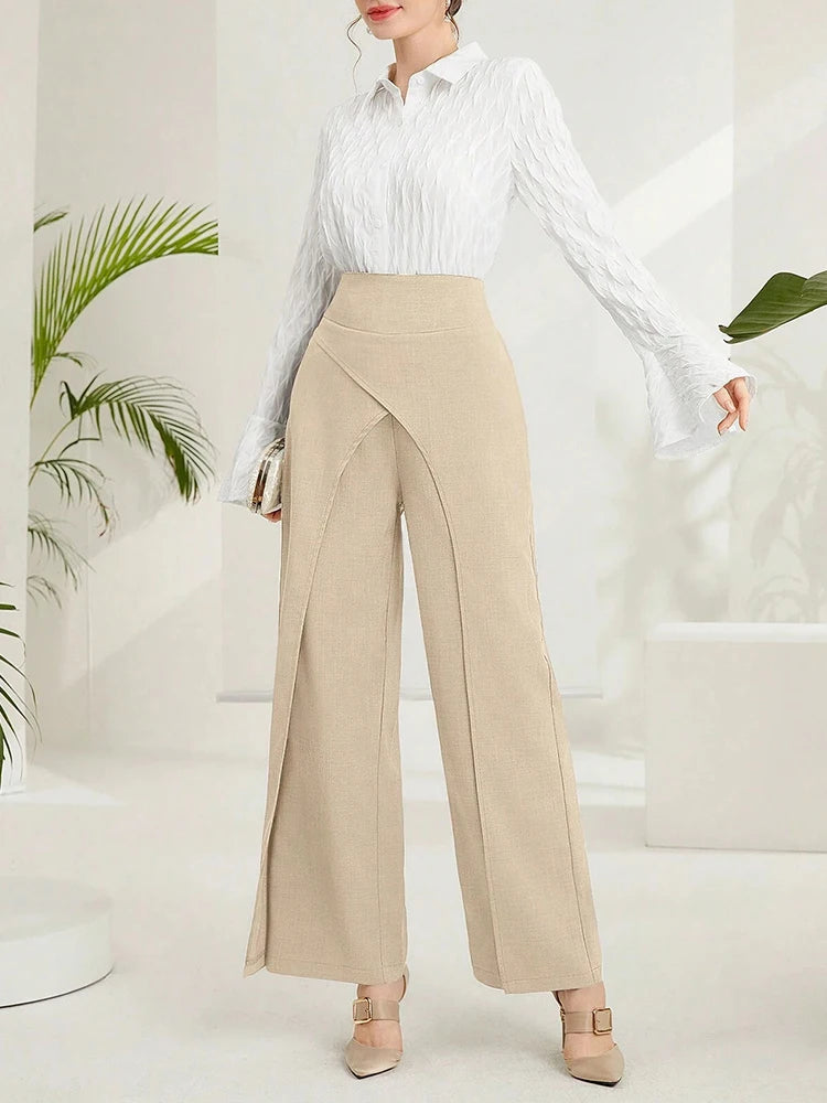 Women's High-Waisted Wide-Leg Trousers – Solid Overlay Front Office & Casual Ankle Pants
