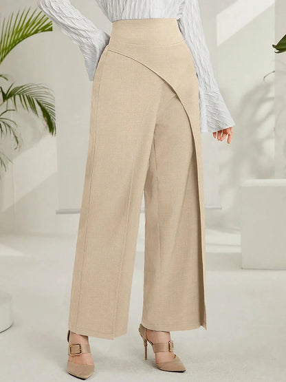 Women's High-Waisted Wide-Leg Trousers – Solid Overlay Front Office & Casual Ankle Pants