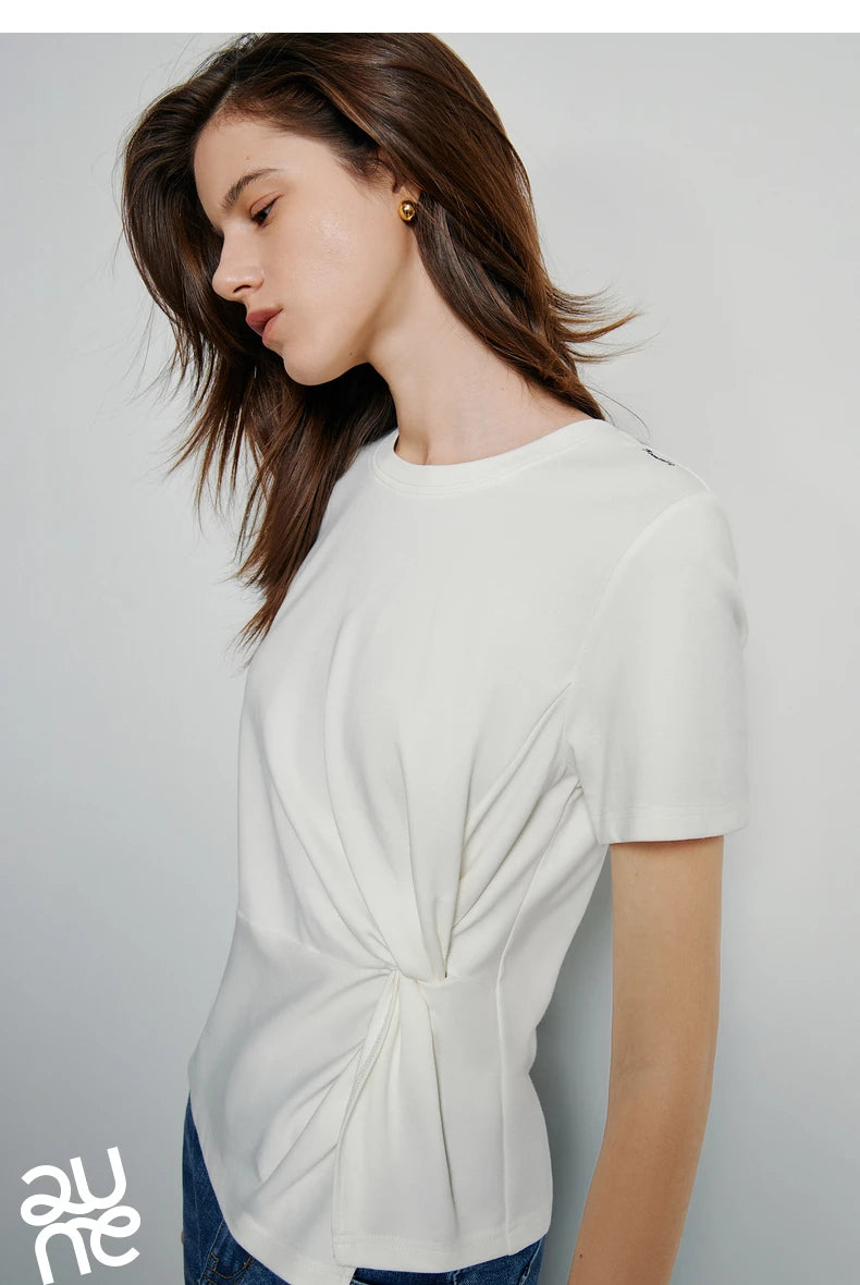 TOYOUTH Women Crop Tops 2024 Spring New Pleated Tie Irregular Solid Color Short Sleeve Women's Basic Tops