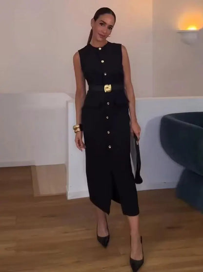 Women's Belted Black Sleeveless Dress – Office Chic Meets Summer Ease