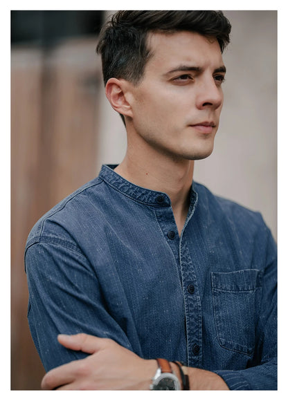 Men's Oversized Washed Indigo Cotton Shirt – Casual Cool With a Vintage Edge