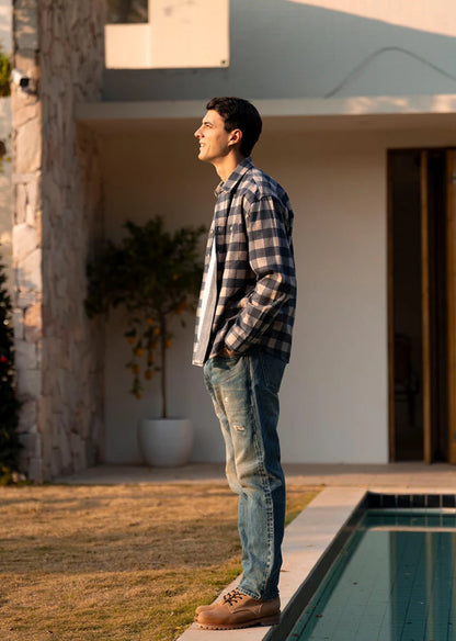 Men's Super Loose Plaid Shirt – 8oz Washed Fabric, Easy Vintage Style