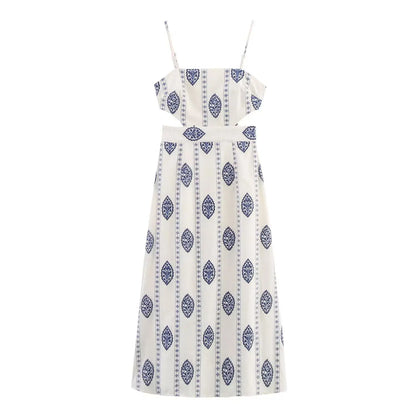 Women's Embroidered Hollow Midi Dress – Elegant Square Neck Style for Summer